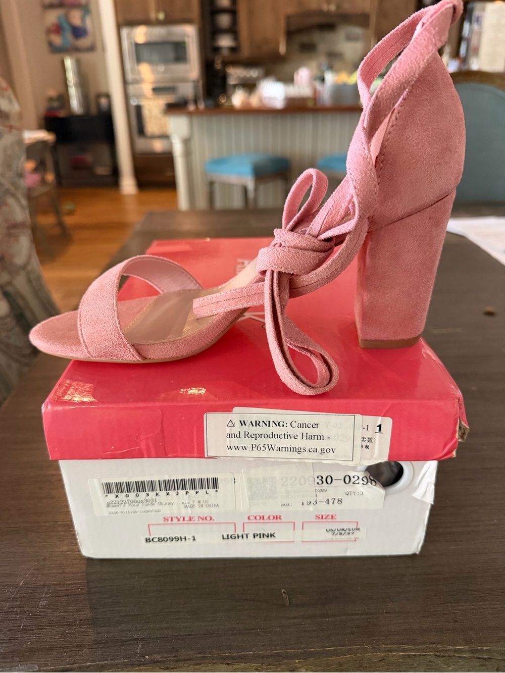 Allegra K Light Pink Suede Block Heel Sandals with Ankle Wrap